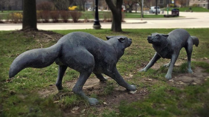 statue, two dogs face each other